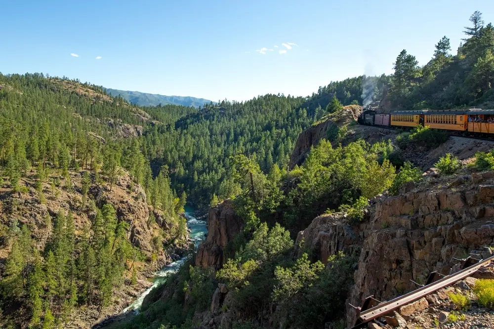 The Durango & Silverton train winding through the Animas River canyon